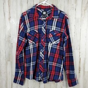 OP Plaid Button-Down Long Sleeve Shirt Blue Red Size Medium 38-40